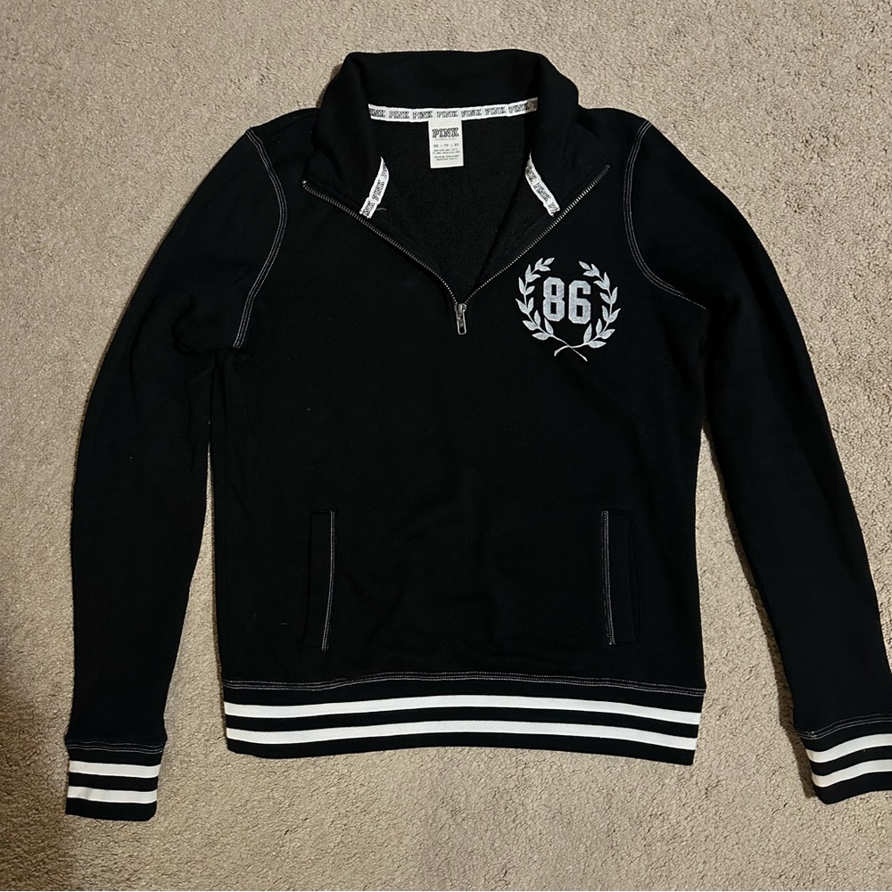 PINK Victoria's Secret Black Quarter Zip-Up with White Striped Cuffs size XS